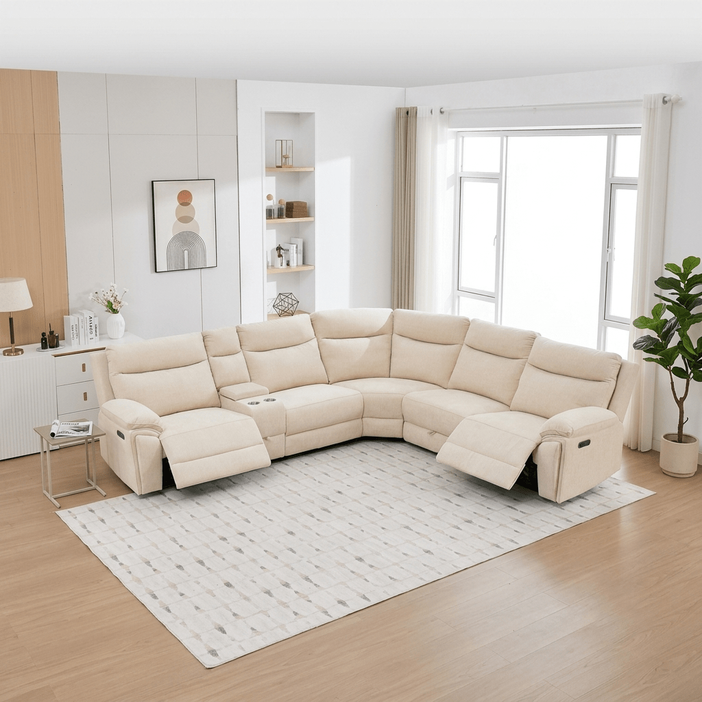Boston Beige Electric Recliner Corner Sofa with Cup Holders & Storage - Preston Luxury Furniture