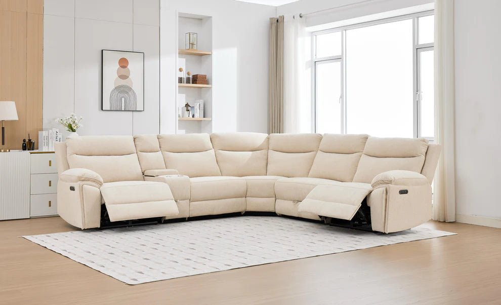Boston Beige Electric Recliner Corner Sofa with Cup Holders & Storage - Preston Luxury Furniture