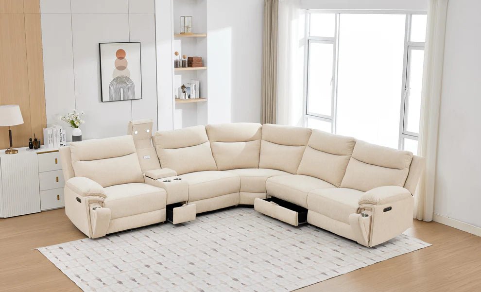 Boston Beige Electric Recliner Corner Sofa with Cup Holders & Storage - Preston Luxury Furniture