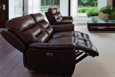 Darwin Mahogany Leather Electric Power Recliner Sofa - 3, 2 & 1 Seater - Preston Luxury Furniture