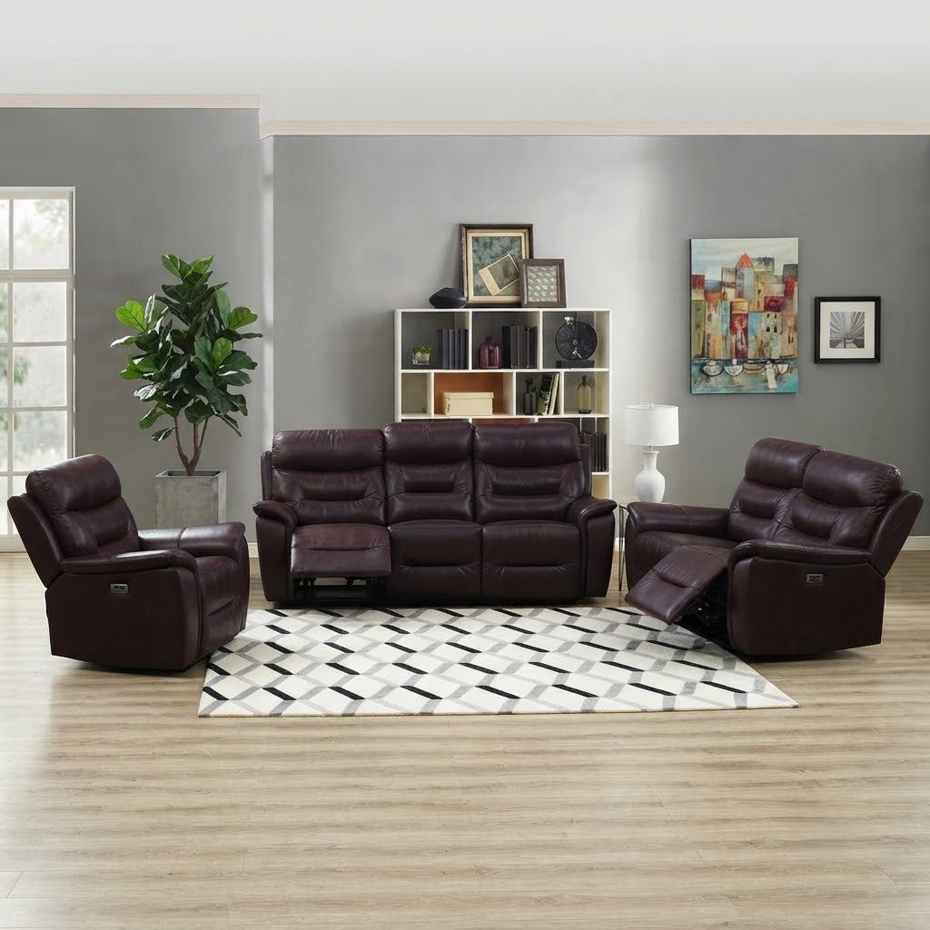 Darwin Mahogany Leather Electric Power Recliner Sofa - 3, 2 & 1 Seater - Preston Luxury Furniture